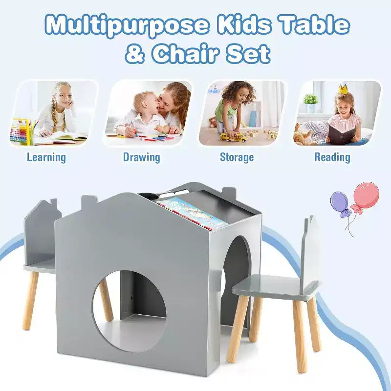 Set da 3 Pezzi Tavolo e Sedie in Legno per Bambini con Lavagna per Disegnare Leggere Verde/Grigio/Bianco