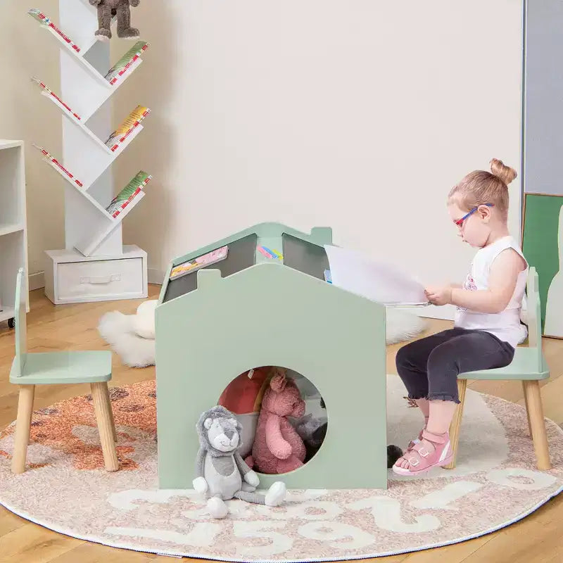 Set da 3 Pezzi Tavolo e Sedie in Legno per Bambini con Lavagna per Disegnare Leggere Verde/Grigio/Bianco