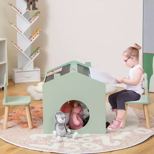 Set da 3 Pezzi Tavolo e Sedie in Legno per Bambini con Lavagna per Disegnare Leggere Verde/Grigio/Bianco