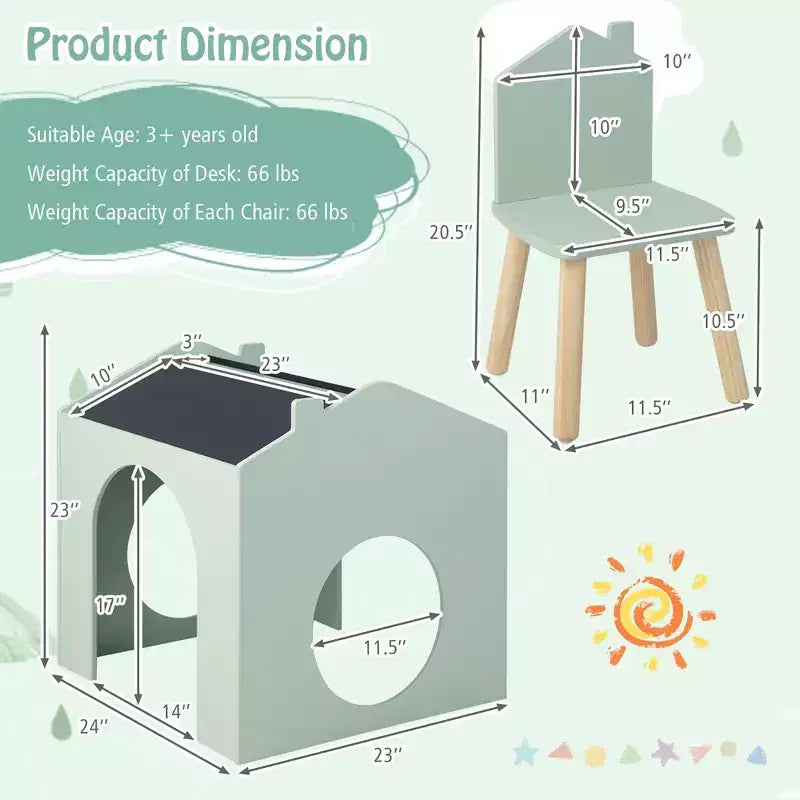 Set da 3 Pezzi Tavolo e Sedie in Legno per Bambini con Lavagna per Disegnare Leggere Verde/Grigio/Bianco