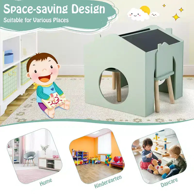 Set da 3 Pezzi Tavolo e Sedie in Legno per Bambini con Lavagna per Disegnare Leggere Verde/Grigio/Bianco
