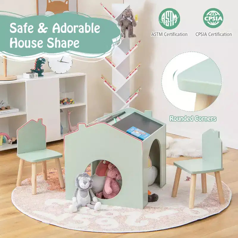 Set da 3 Pezzi Tavolo e Sedie in Legno per Bambini con Lavagna per Disegnare Leggere Verde/Grigio/Bianco