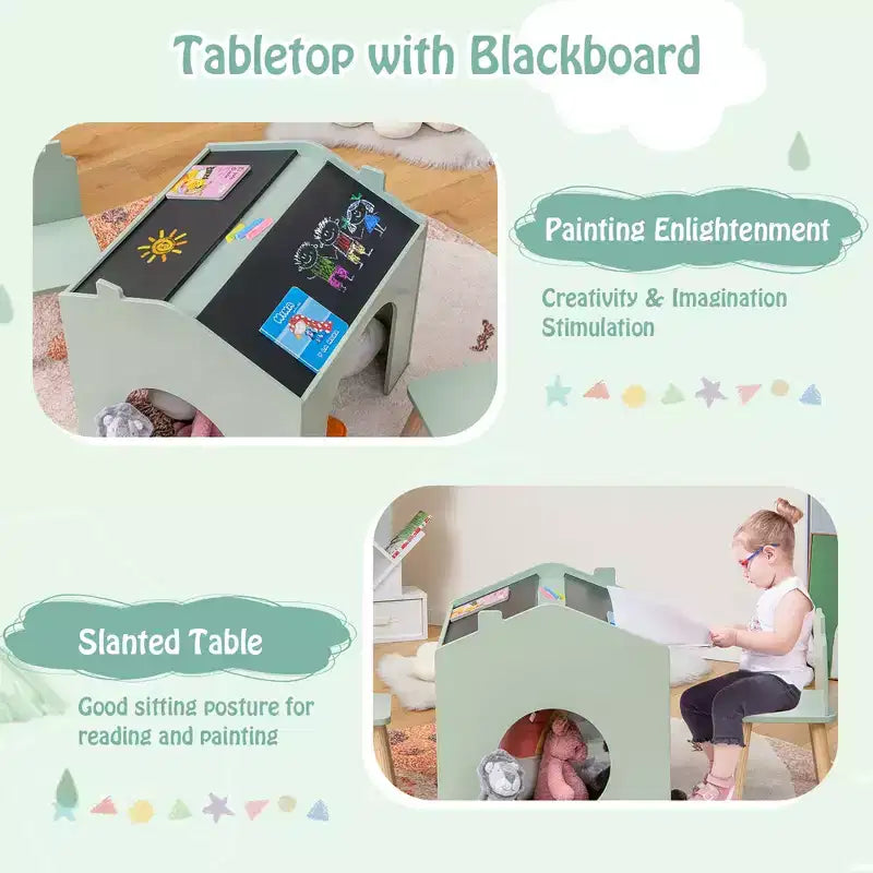 Set da 3 Pezzi Tavolo e Sedie in Legno per Bambini con Lavagna per Disegnare Leggere Verde/Grigio/Bianco
