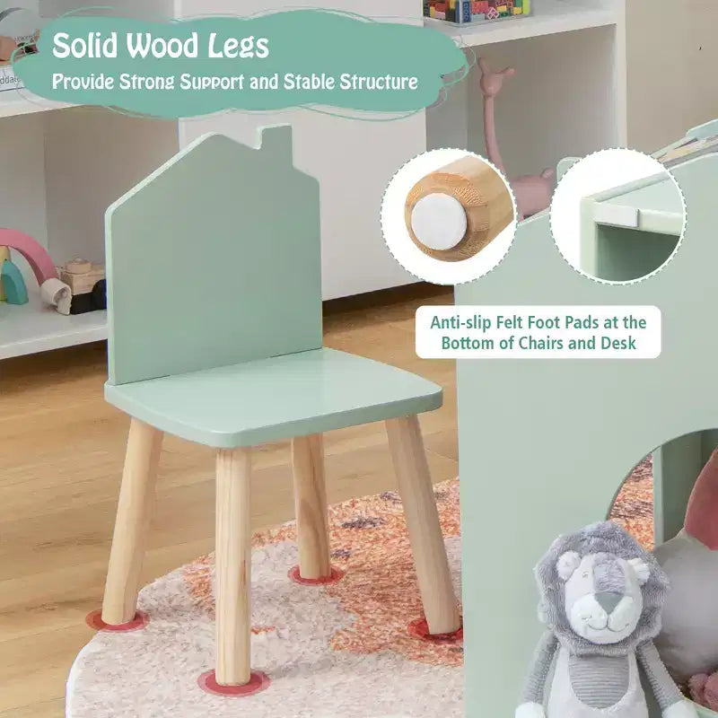Set da 3 Pezzi Tavolo e Sedie in Legno per Bambini con Lavagna per Disegnare Leggere Verde/Grigio/Bianco