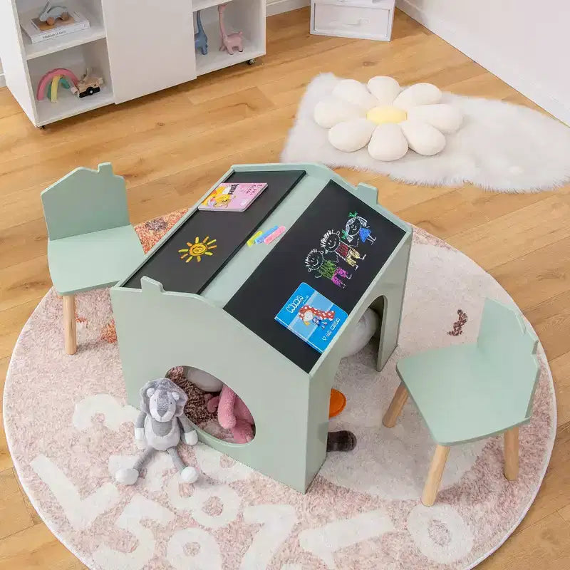 Set da 3 Pezzi Tavolo e Sedie in Legno per Bambini con Lavagna per Disegnare Leggere Verde/Grigio/Bianco