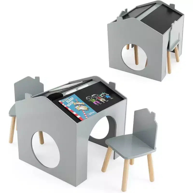 Set da 3 Pezzi Tavolo e Sedie in Legno per Bambini con Lavagna per Disegnare Leggere Verde/Grigio/Bianco