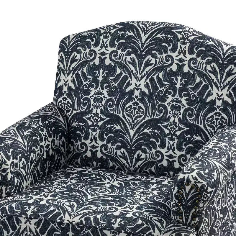 Poltrona in legno imbottita in stile transizionale con motivo floreale, braccioli a pannello e schienale a gobba di cammello