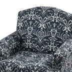 Poltrona in legno imbottita in stile transizionale con motivo floreale, braccioli a pannello e schienale a gobba di cammello