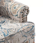 Poltrona in legno imbottita in stile transizionale con motivo floreale, braccioli a pannello e schienale a gobba di cammello
