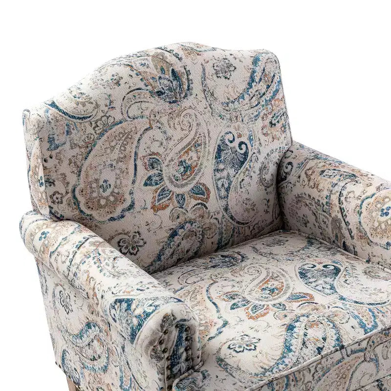 Poltrona in legno imbottita in stile transizionale con motivo floreale, braccioli a pannello e schienale a gobba di cammello