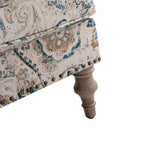 Poltrona in legno imbottita in stile transizionale con motivo floreale, braccioli a pannello e schienale a gobba di cammello