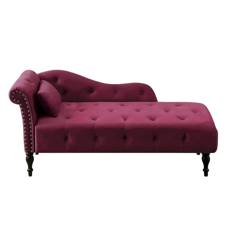 Moderna Chaise Longue da 60.6" in Velluto Imbottito con Bottoni Capitonnè, Gambe in Legno Massello e Borchie