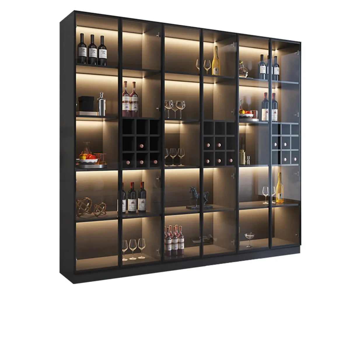 Mobile portabottiglie minimalista in legno nero con anta in vetro