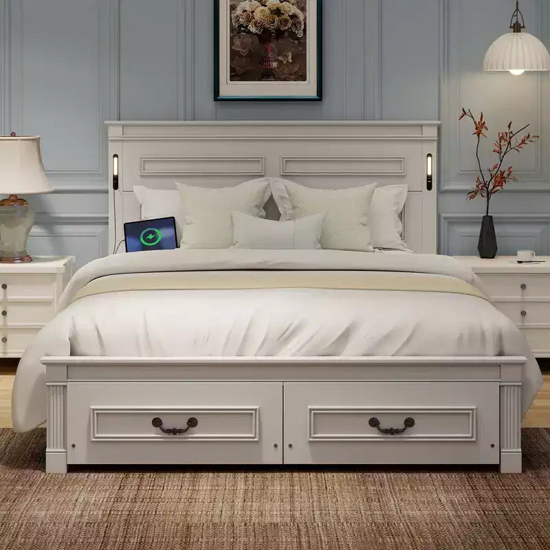 ModernLuxe Letto a Piattaforma Queen/King Size con Testiera Alta, Struttura Letto Rustica in Legno con 2 Cassetti, Luci LED e Porte USB