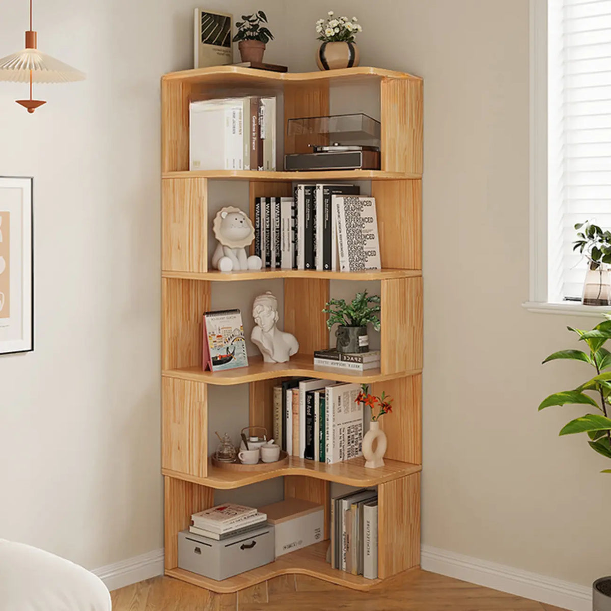 Libreria a giorno verticale a L in legno finitura naturale