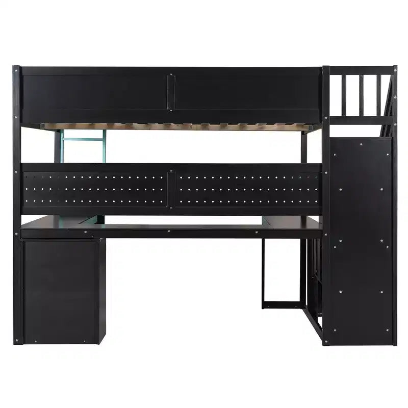 Letto a soppalco da gaming in legno Scott di GDFStudio con scale contenitore, scrivania, mensole e pannello forato
