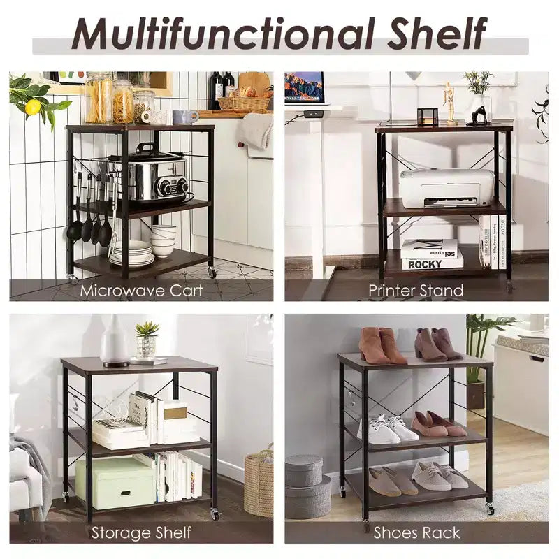Scaffale da Cucina a 3 Livelli Costway, Carrello per Forno a Microonde con Gancio