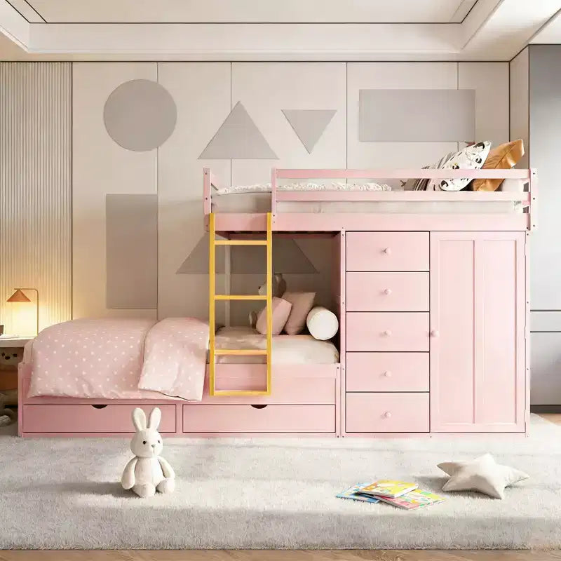 Letto a castello matrimoniale moderno con armadio integrato e 7 cassetti contenitore