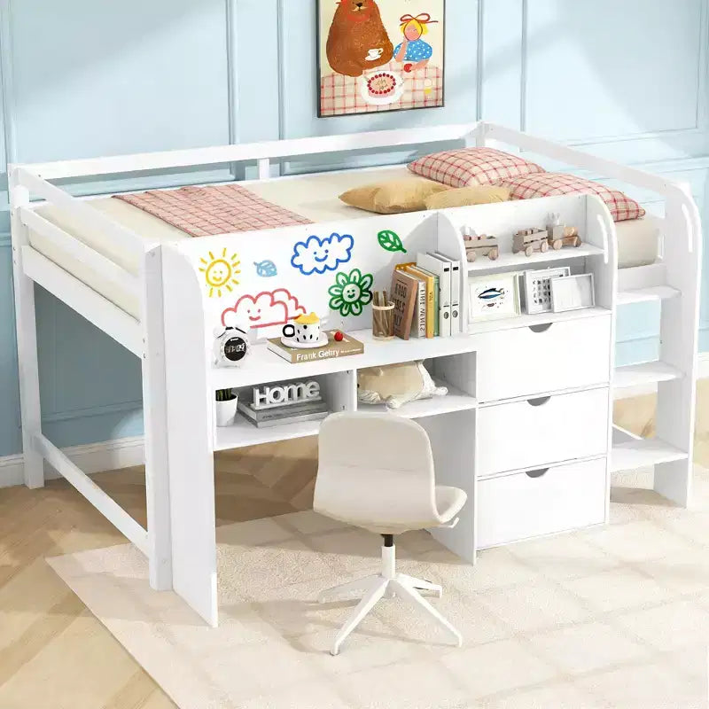 Letto a soppalco basso rosa/bianco con scrivania, contenitore e lavagna bianca - Singolo, 1 persona