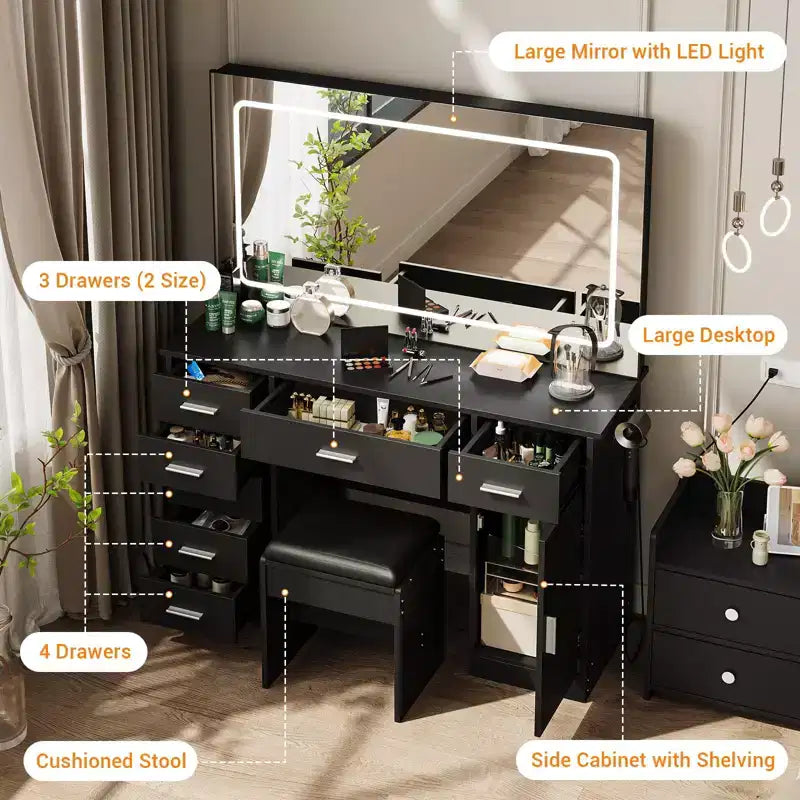 Moderna Toeletta con Grande Specchio, 7 Cassetti, Luci LED, Sedia, 3 Modalità di Illuminazione, Porta Asciugacapelli e Stazione di Ricarica per Camera da Letto
