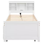 Letto a piattaforma con letto estraibile e cassetti, Letto a piattaforma contenitore con USB, Letto a piattaforma in legno con libreria