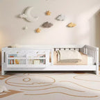 Struttura letto a piattaforma per bambini, dimensioni singola e una piazza e mezza, con spondina, librerie e ripiani portaoggetti integrati