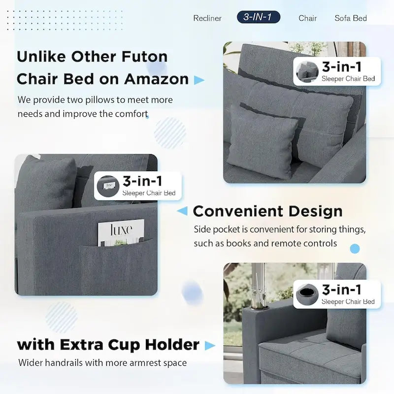 Poltrona Letto Trasformabile Regolabile, 3-in-1, Diversi Colori, Adatta a 1 Persona