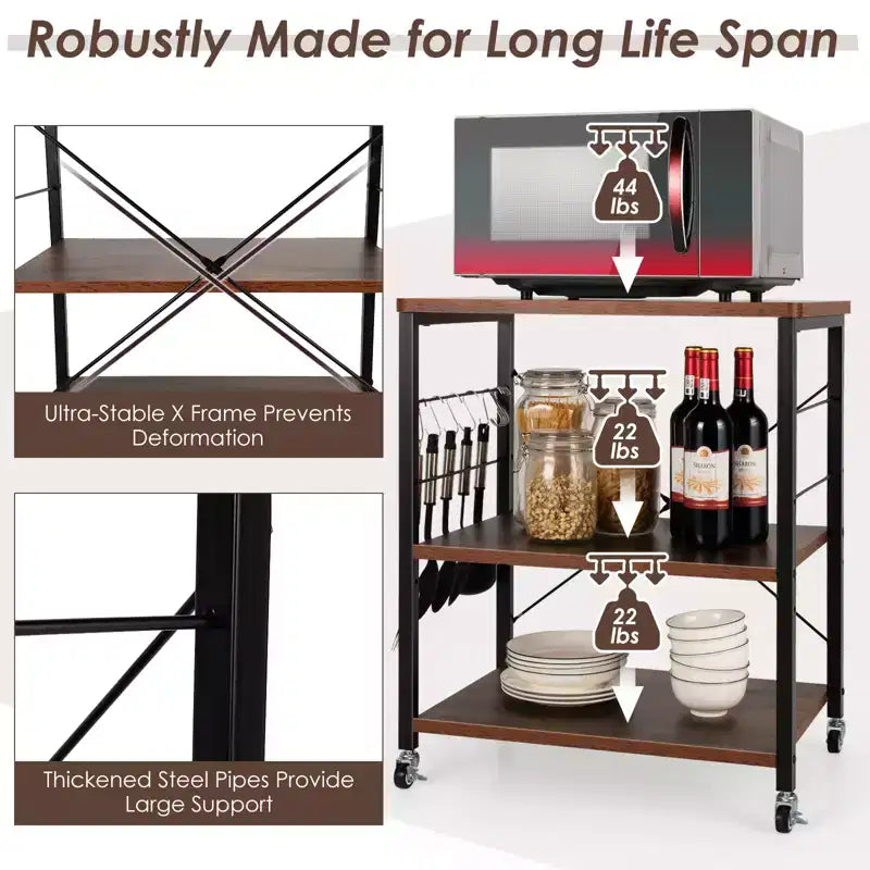 Scaffale da Cucina a 3 Livelli Costway, Carrello per Forno a Microonde con Gancio