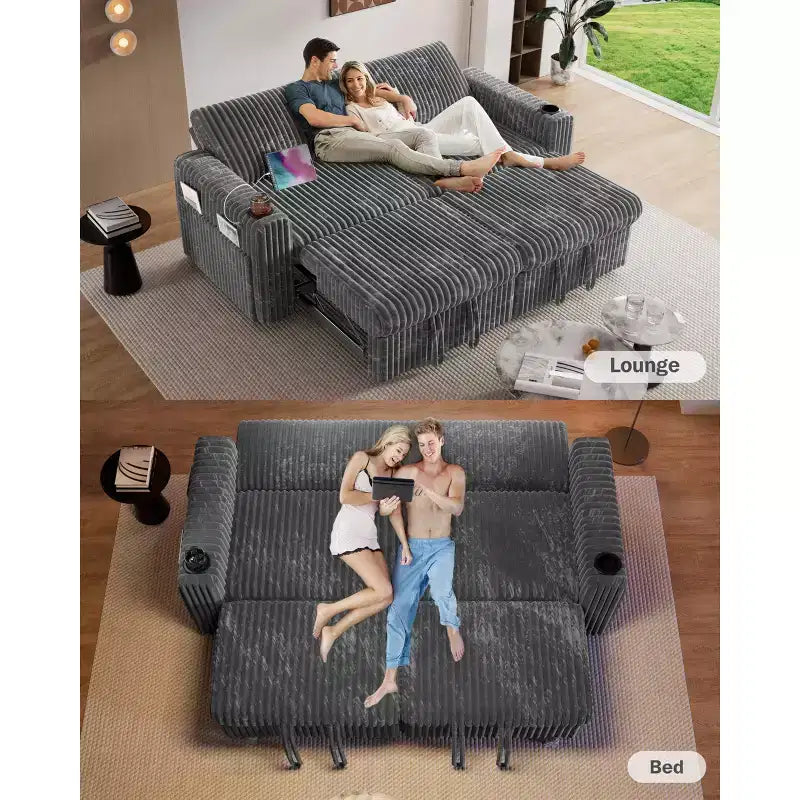 Divano letto componibile Dyonery 91 con letto estraibile, schienale reclinabile/due letti estraibili/porte USB/portabicchieri, velluto a coste felpato