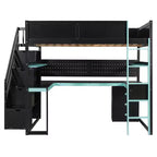 Letto a soppalco da gaming in legno Scott di GDFStudio con scale contenitore, scrivania, mensole e pannello forato