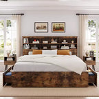 Struttura Letto Matrimoniale con Testiera Contenitore, Struttura Letto in Legno con 4 Cassetti, Libreria Contenitore e Letto a Piattaforma King Size con Robusto Supporto in Metallo