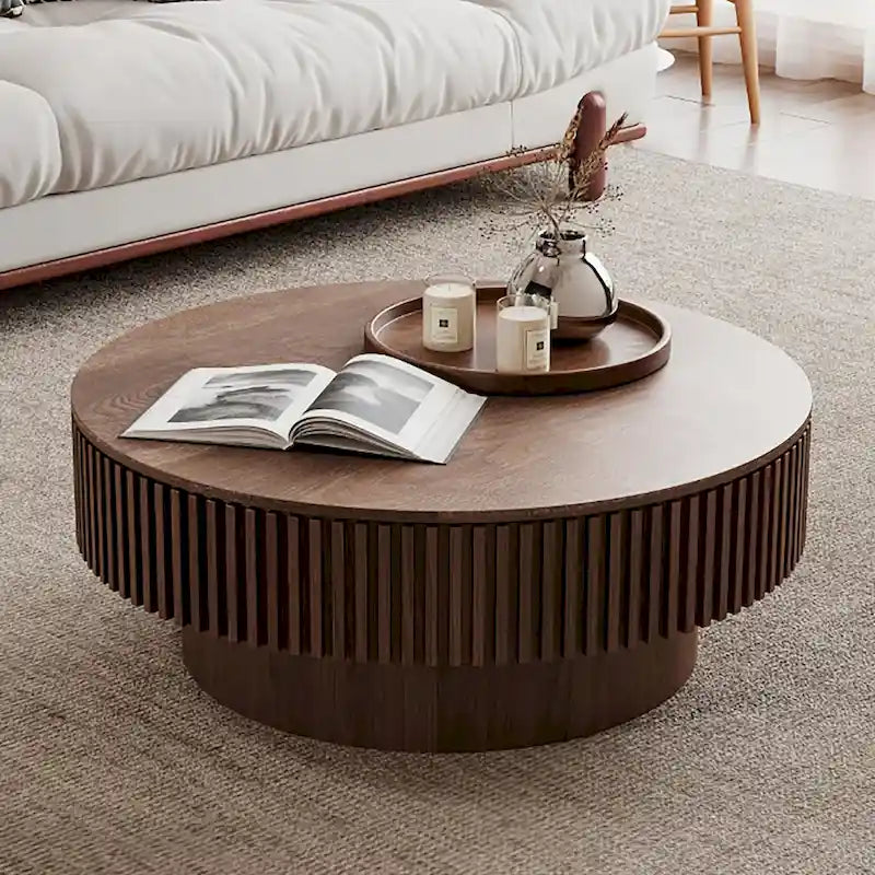 Tavolino da caffè/tè rotondo moderno in legno massello impiallacciato con contenitore