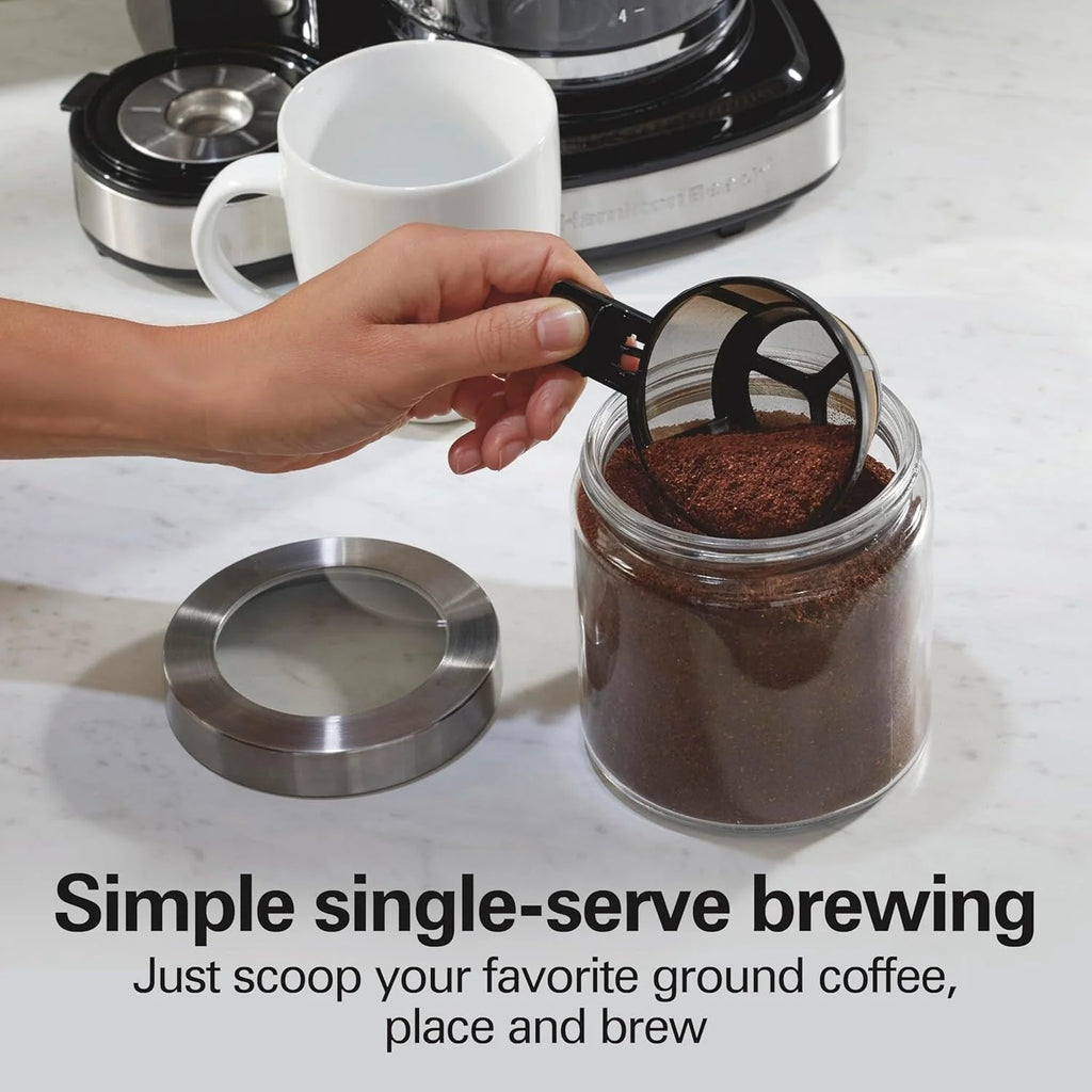 Macchina da caffè 2 in 1 da 12 tazze con caraffa in vetro e singola porzione, Pausa e Servi automatico, Nera