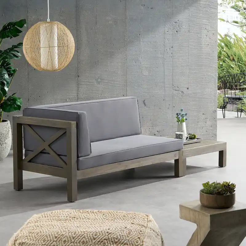 Ensemble causeuse à bras gauche et table basse d'extérieur en bois d'acacia Brava avec coussin par Christopher Knight Home