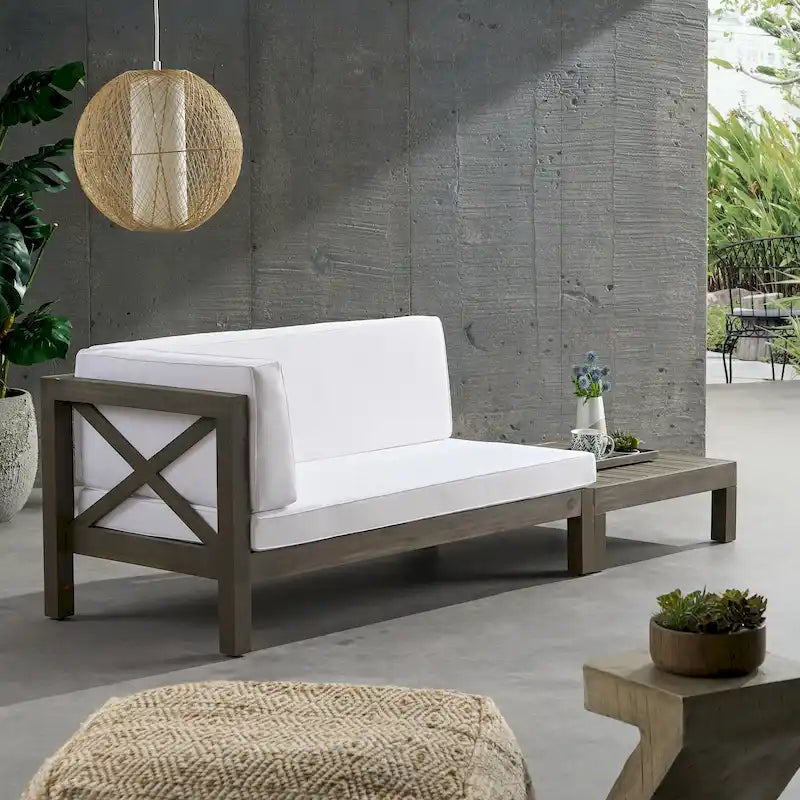 Ensemble causeuse à bras gauche et table basse d'extérieur en bois d'acacia Brava avec coussin par Christopher Knight Home