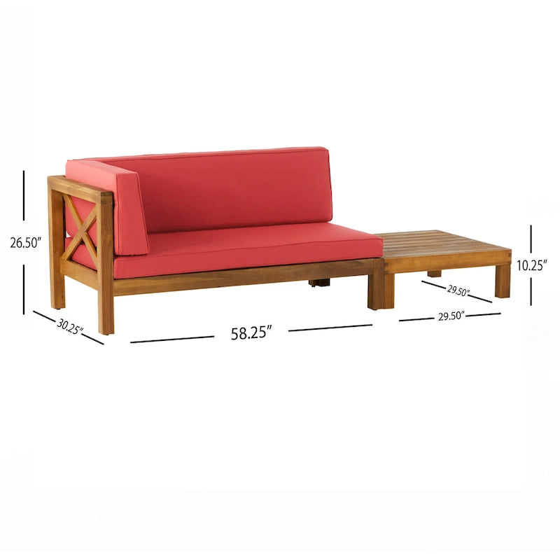 Ensemble causeuse à bras gauche et table basse d'extérieur en bois d'acacia Brava avec coussin par Christopher Knight Home