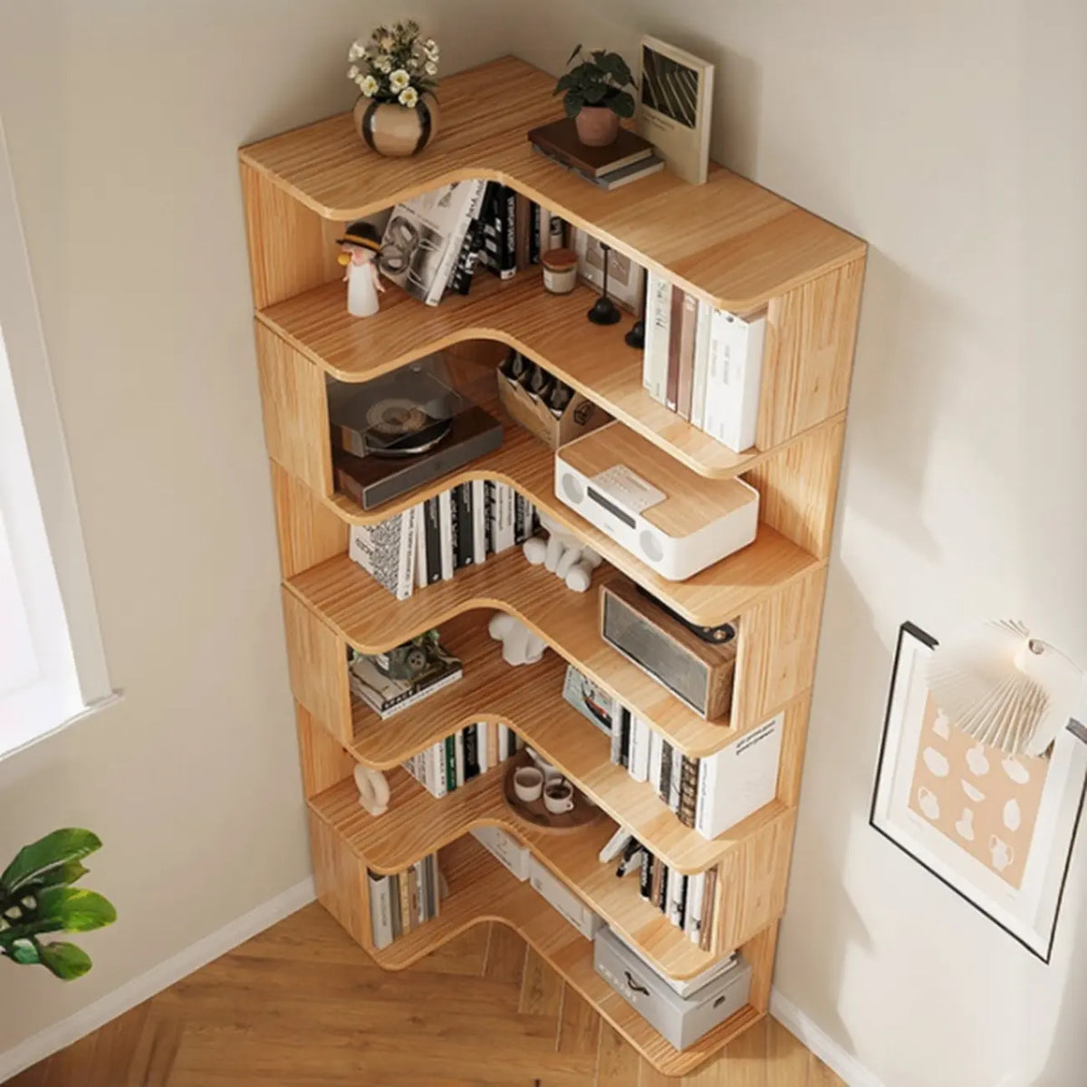Libreria a giorno verticale a L in legno finitura naturale
