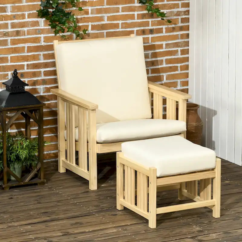 Set da Esterno Outsunny 2 Pezzi, Set di Sedie a Sdraio in Legno, Poltrona con Poggiapiedi e Cuscini Spessi