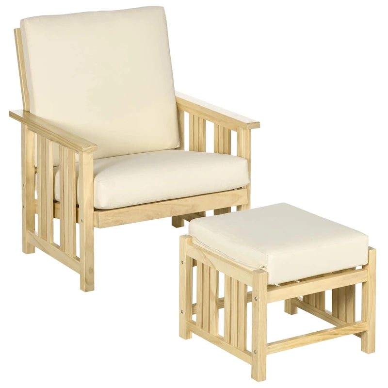 Set da Esterno Outsunny 2 Pezzi, Set di Sedie a Sdraio in Legno, Poltrona con Poggiapiedi e Cuscini Spessi