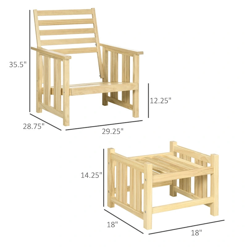 Set da Esterno Outsunny 2 Pezzi, Set di Sedie a Sdraio in Legno, Poltrona con Poggiapiedi e Cuscini Spessi