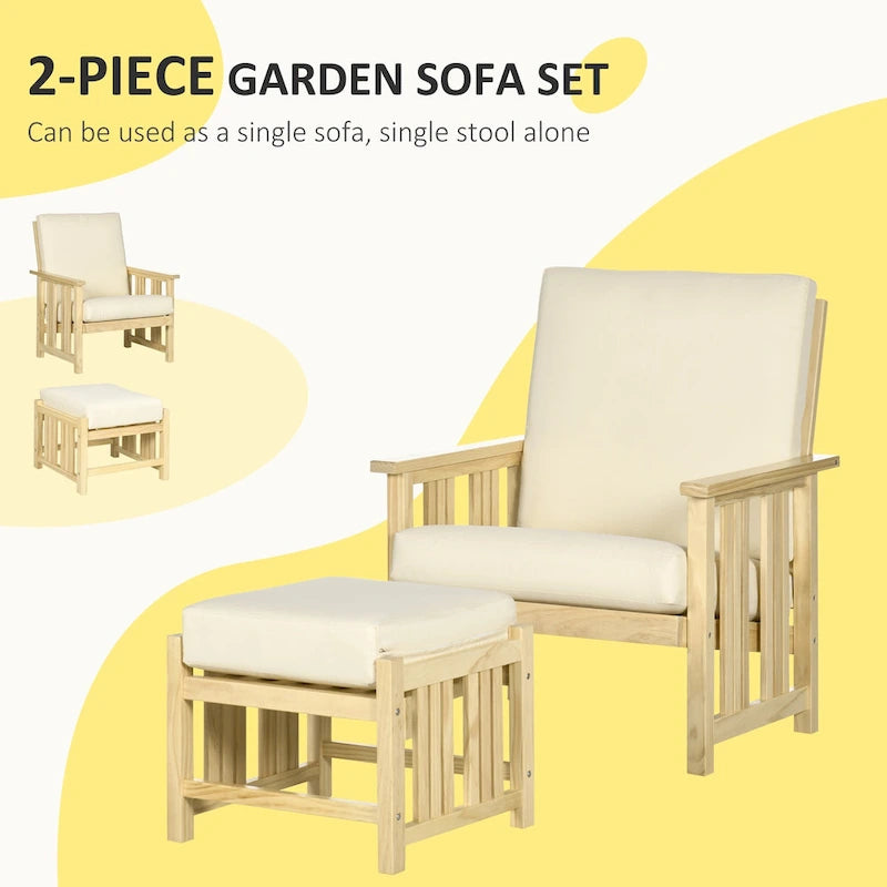 Set da Esterno Outsunny 2 Pezzi, Set di Sedie a Sdraio in Legno, Poltrona con Poggiapiedi e Cuscini Spessi