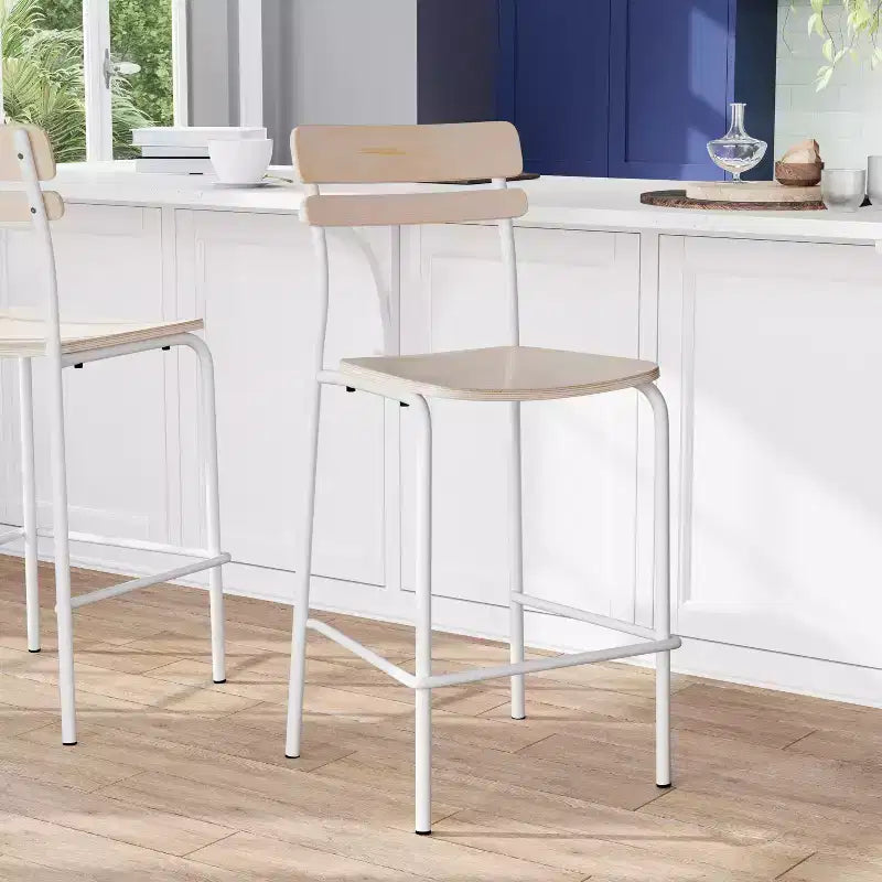 Flash Furniture 2 Pack Cyprus Commercial Grade Solid Wood Bar Stools with Metal Frames and Antique Finish