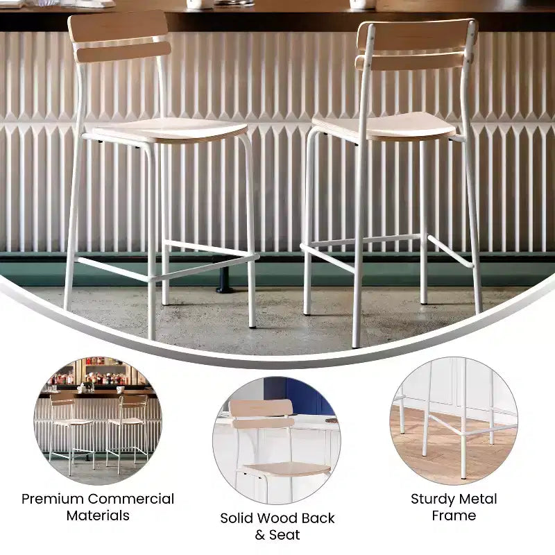 Flash Furniture 2 Pack Cyprus Commercial Grade Solid Wood Bar Stools with Metal Frames and Antique Finish