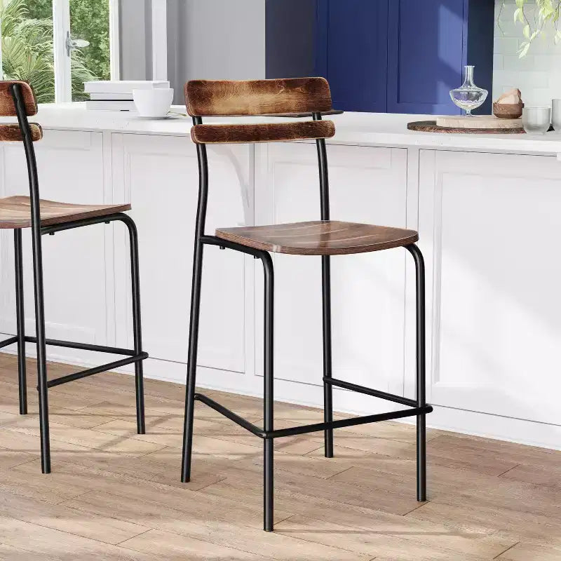 Flash Furniture 2 Pack Cyprus Commercial Grade Solid Wood Bar Stools with Metal Frames and Antique Finish