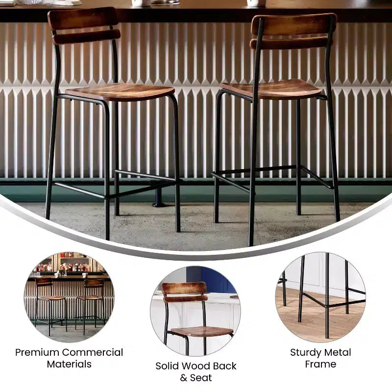 Flash Furniture 2 Pack Cyprus Commercial Grade Solid Wood Bar Stools with Metal Frames and Antique Finish