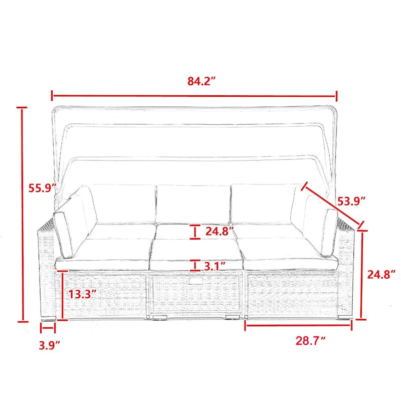 HOMEFUN Divano sezionale imbottito da esterno in rattan/vimini rettangolare/rotondo con tettuccio retrattile