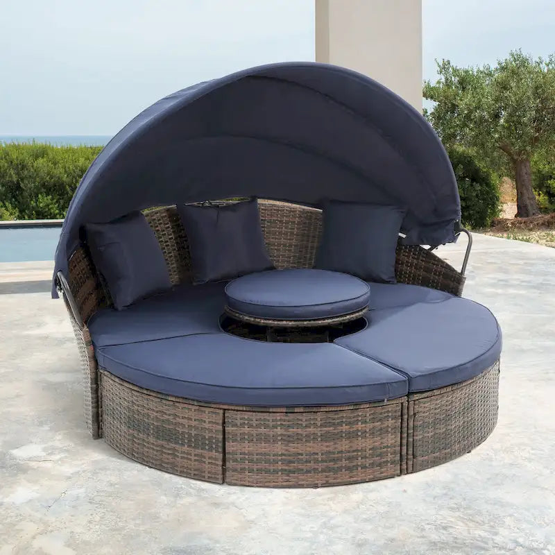 HOMEFUN Divano sezionale imbottito da esterno in rattan/vimini rettangolare/rotondo con tettuccio retrattile
