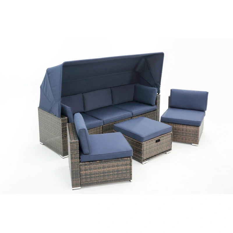 HOMEFUN Divano sezionale imbottito da esterno in rattan/vimini rettangolare/rotondo con tettuccio retrattile