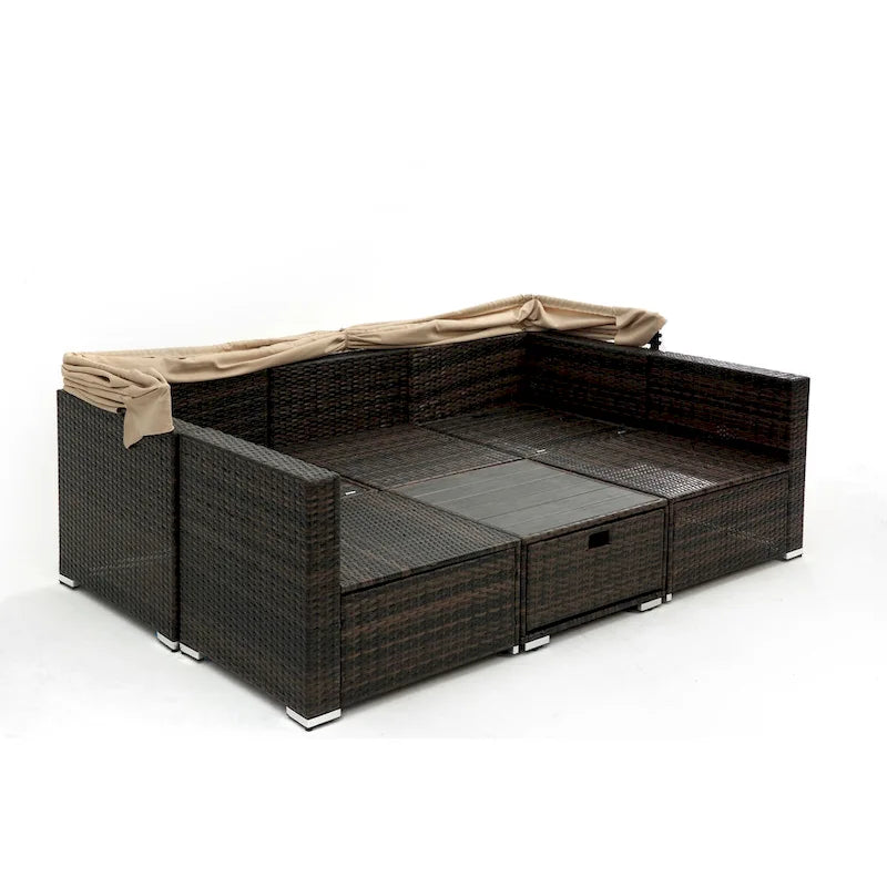 HOMEFUN Divano sezionale imbottito da esterno in rattan/vimini rettangolare/rotondo con tettuccio retrattile