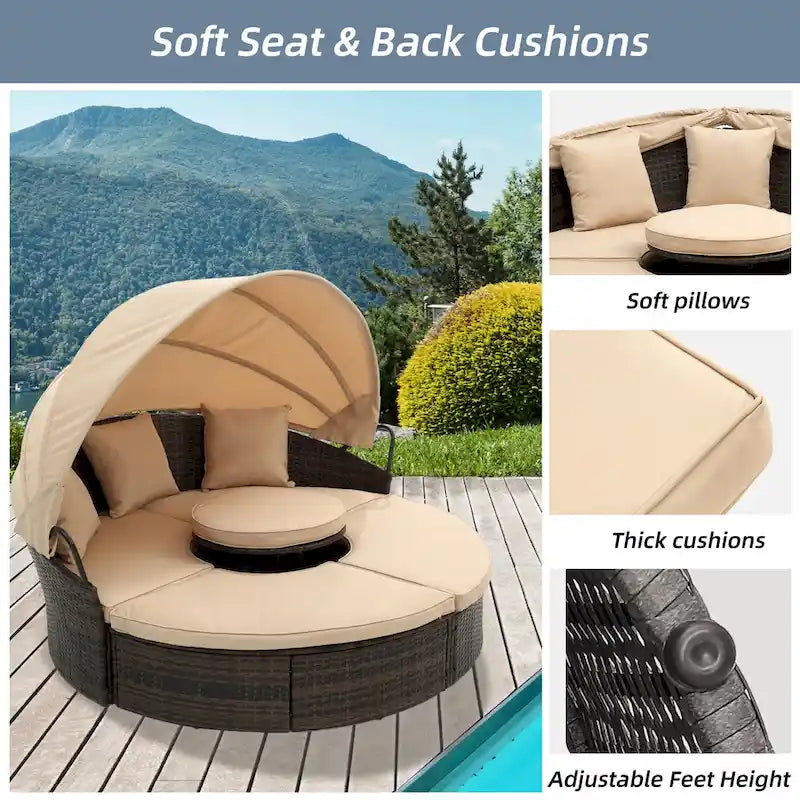 HOMEFUN Divano sezionale imbottito da esterno in rattan/vimini rettangolare/rotondo con tettuccio retrattile